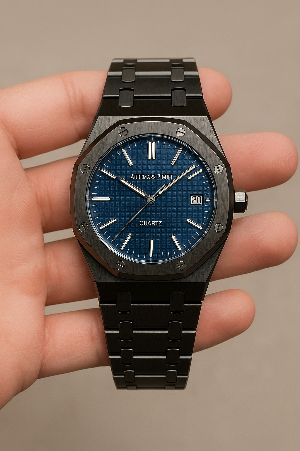 Luxury Black Quartz Watch – Audemars Piguet Inspired Stainless Steel Strap
